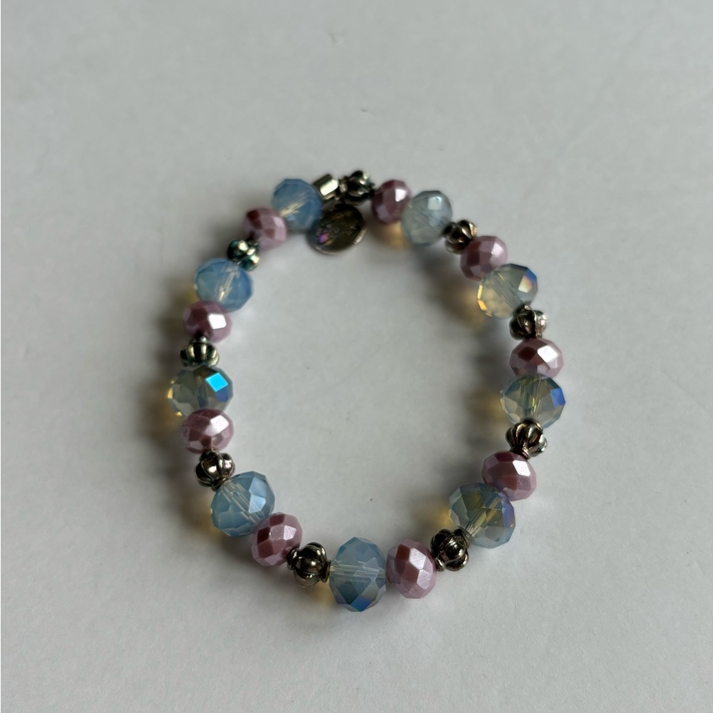 Erimish iridescent beaded bracelet/ silver tone/ pink and blue colors of…